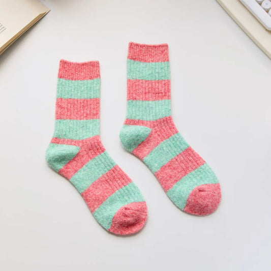 Cashmere Stripe Socks | Red + Mint Green