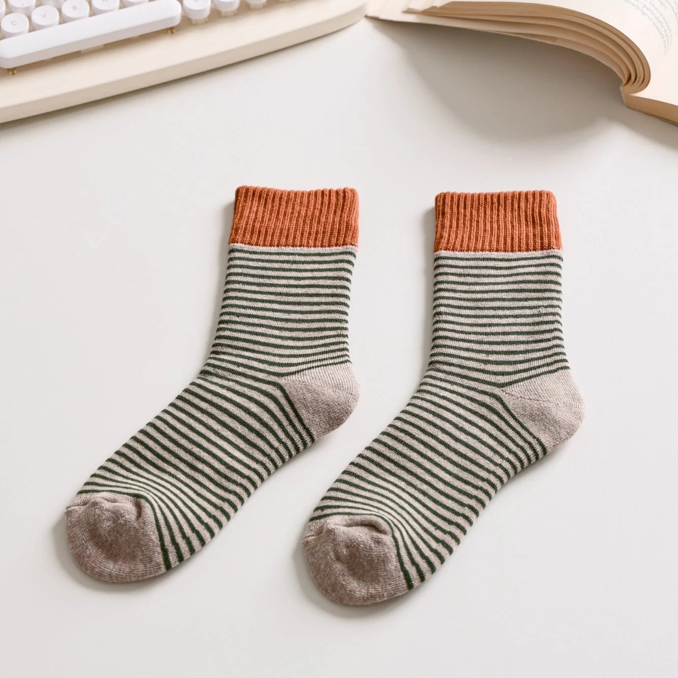 Striped Cotton Socks | Khaki + Orange - Warm Gift Shop