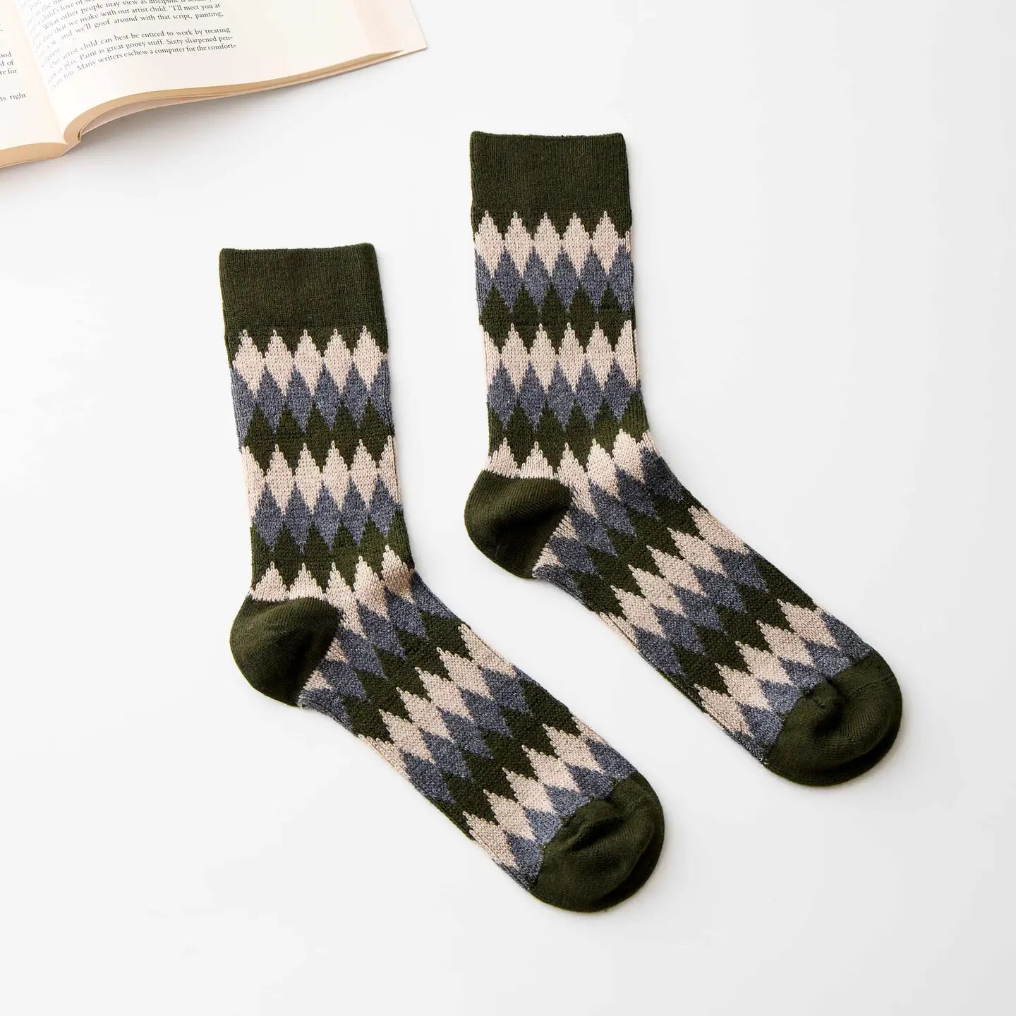 Large Wool Warm Socks | Green Argyle