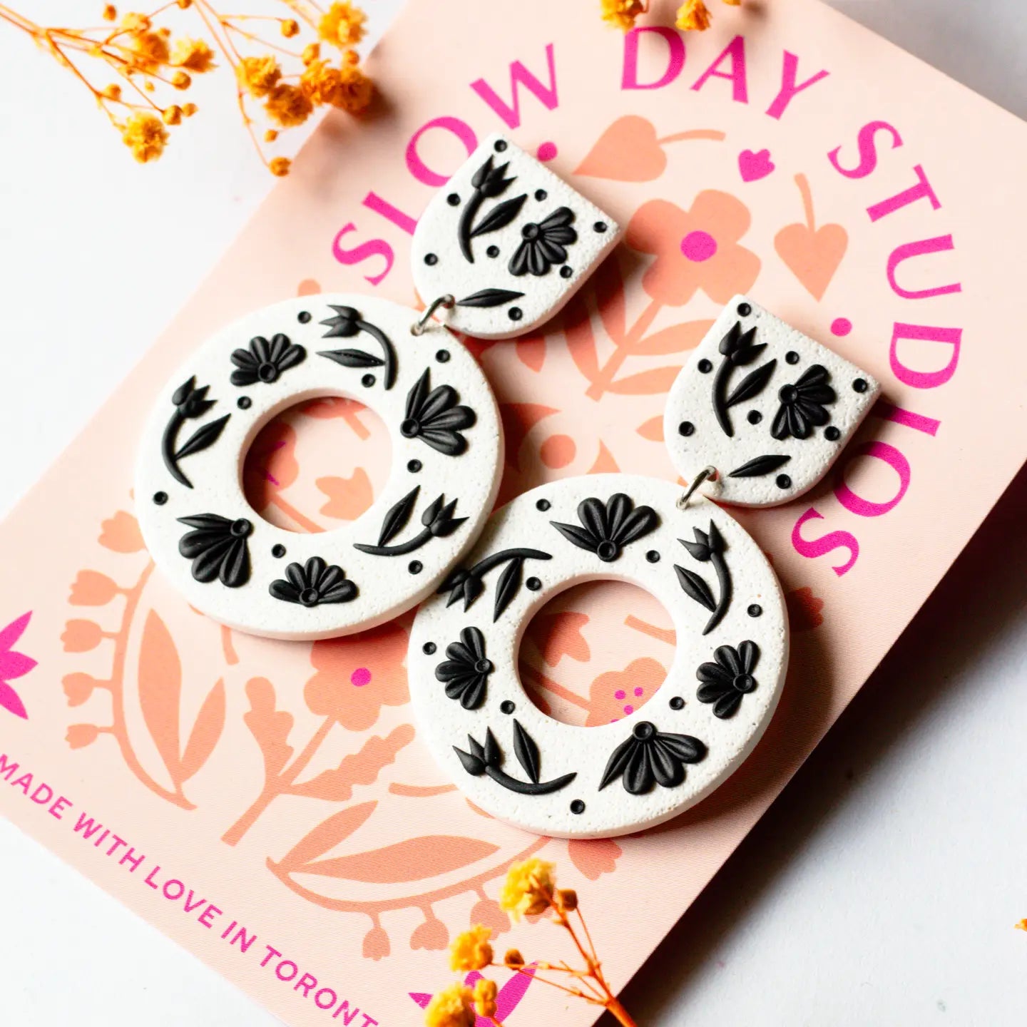 Floral Wreath Dangle Earrings | Black + White