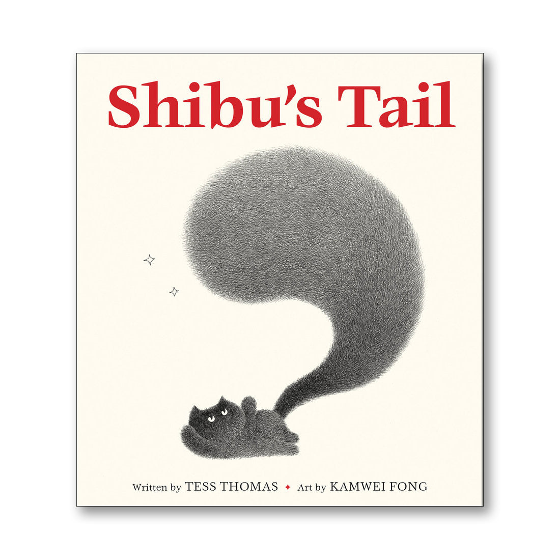 Book cover of 'Shibu's Tail' with a large black and white illustration of a cat's tail and a small cat at the end.