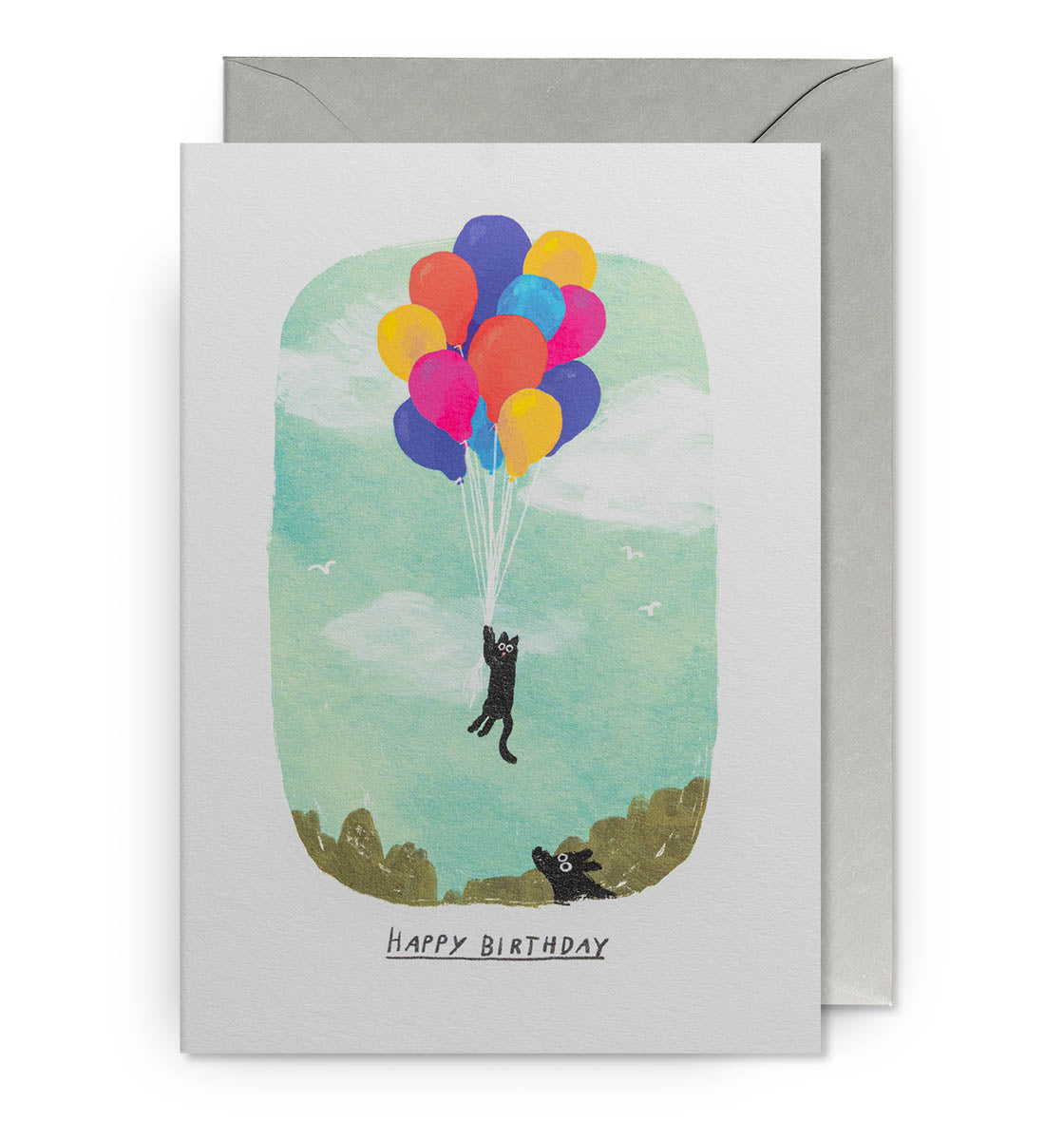 Cat Floating with Balloons | Birthday Card