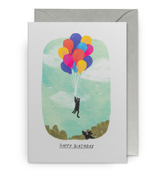 Cat Floating with Balloons | Birthday Card