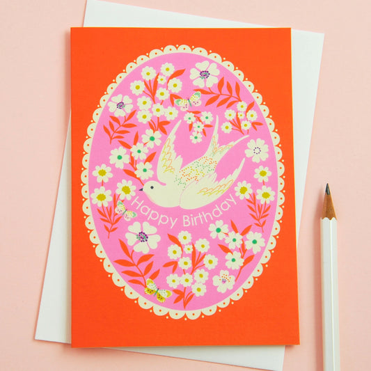 Red Floral + Bird Border | Birthday Card
