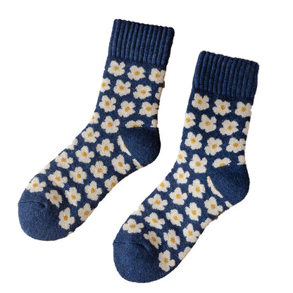 Thick Wool Socks | Blue Flowers