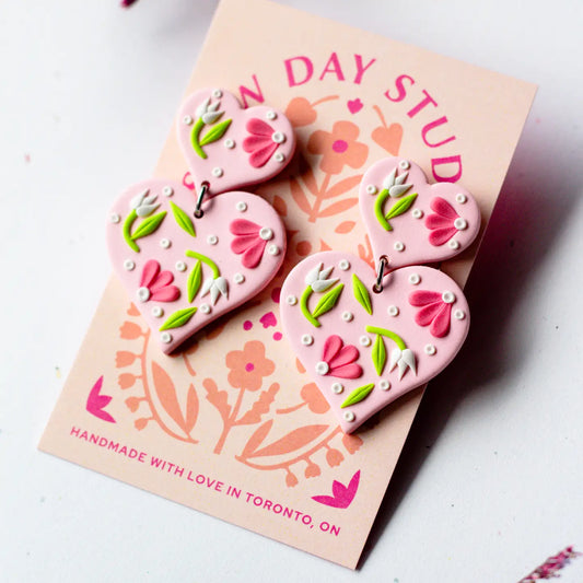 Floral Tiered Heart Dangle Earrings | Pink