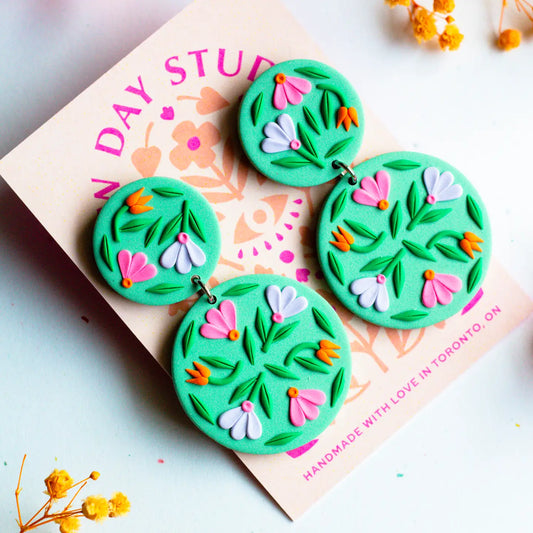 Floral Circle Statement Earrings | Soft Green