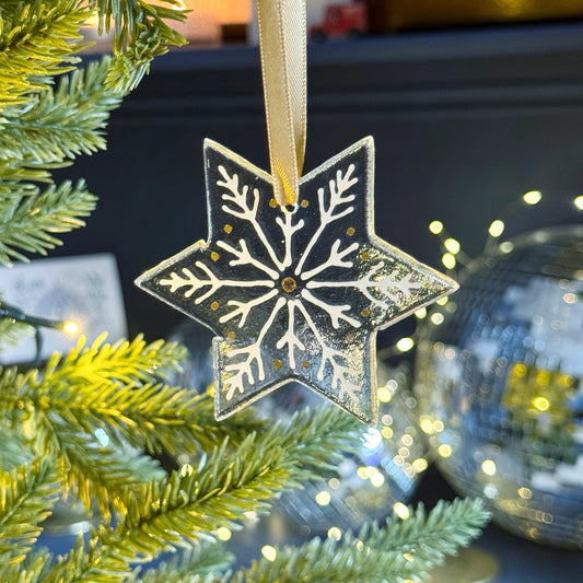 White + Gold Snowflake Glass Decoration