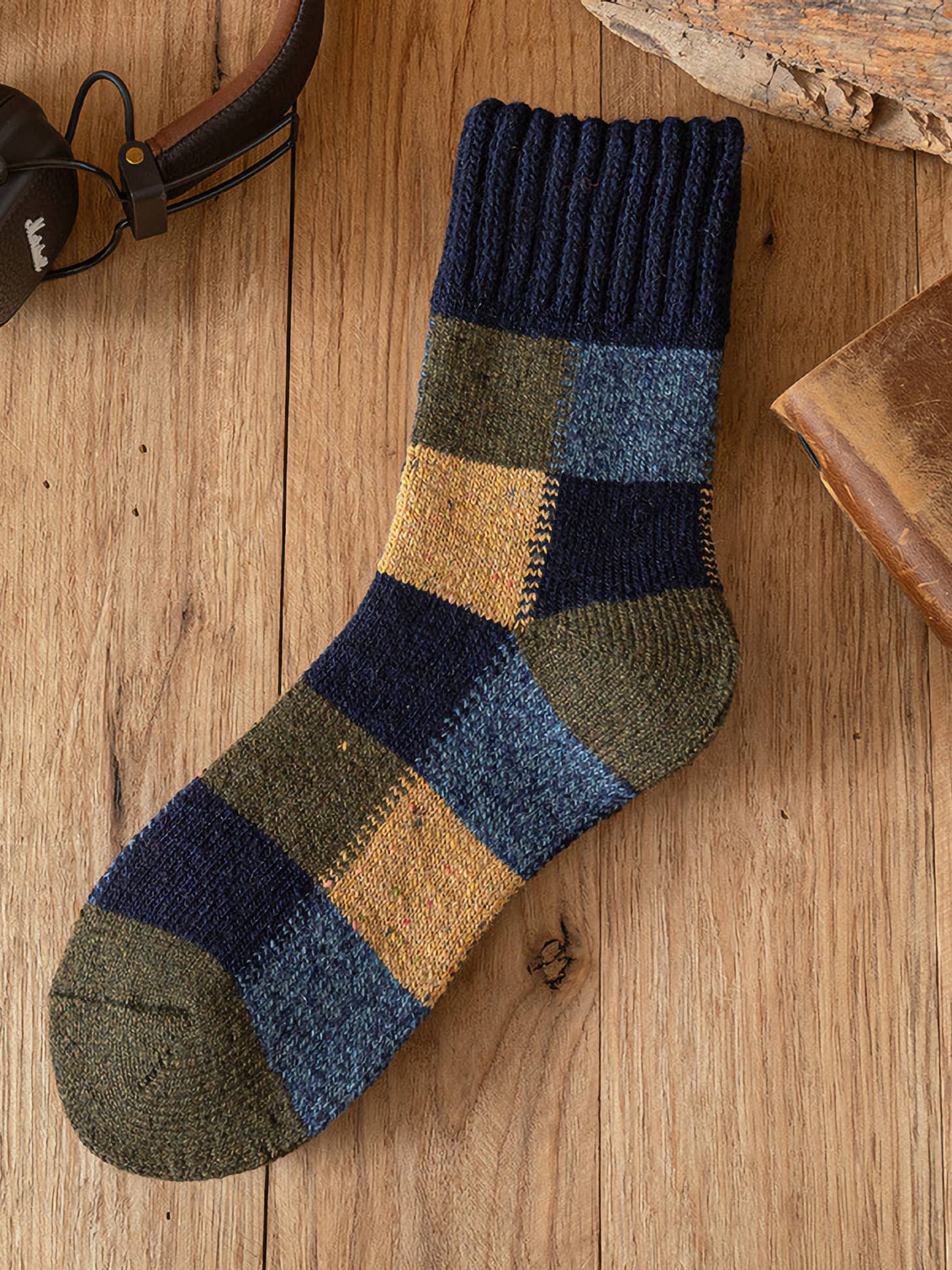 Mens Wool Warm Socks | Navy, Green + Mustard