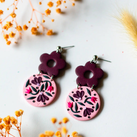 Floral Flower Dangle Earrings | Pink