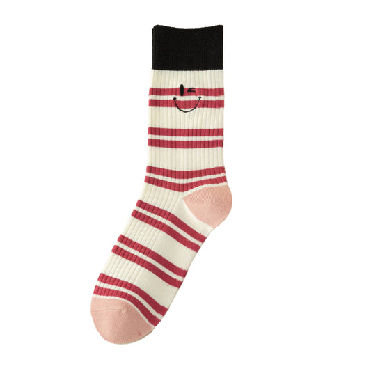Pink Cotton Socks | Red Stripes + Smiley Faces