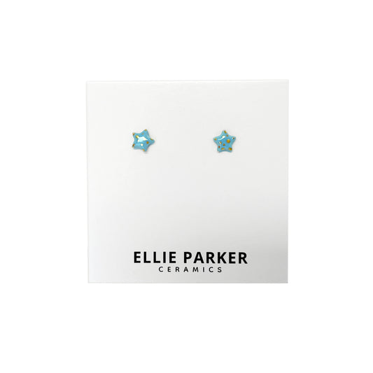 Ceramic Star Stud Earrings | Pastel Blue + Gold Polka Dot