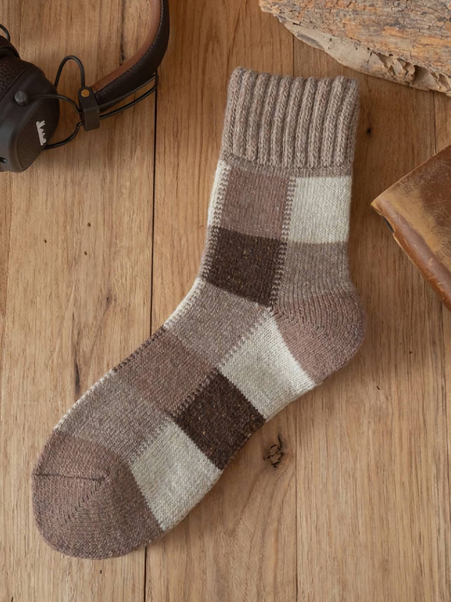 Mens Wool Warm Socks | Brown + Beige