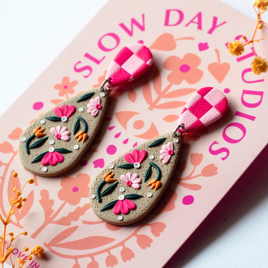 Floral Teardrop Checkerboard Dangle Earrings | Pink