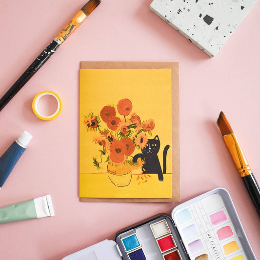 Vincents Sunflower Vase Cat | Blank Card - Warm Gift Shop