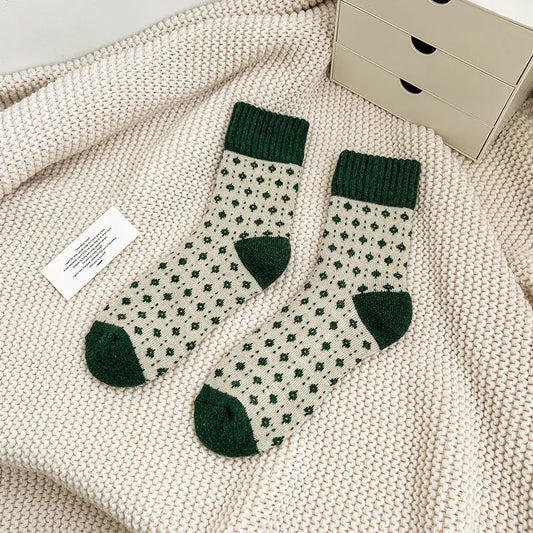 Thick Wool Socks | Tiny Green Flowers