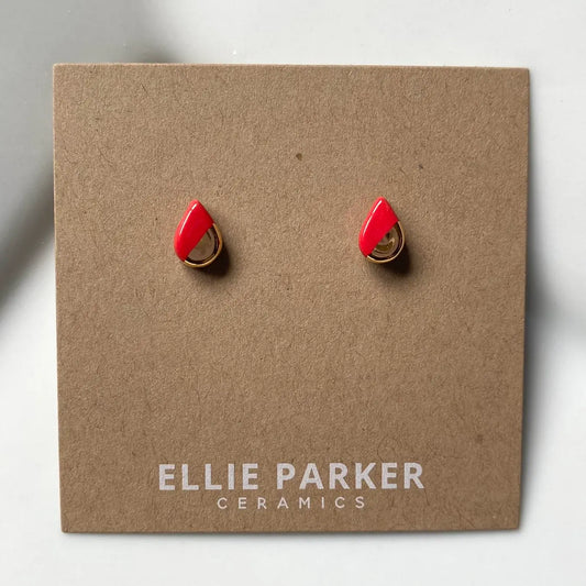 Ceramic Teardrop Stud Earrings | Red + Gold Accent